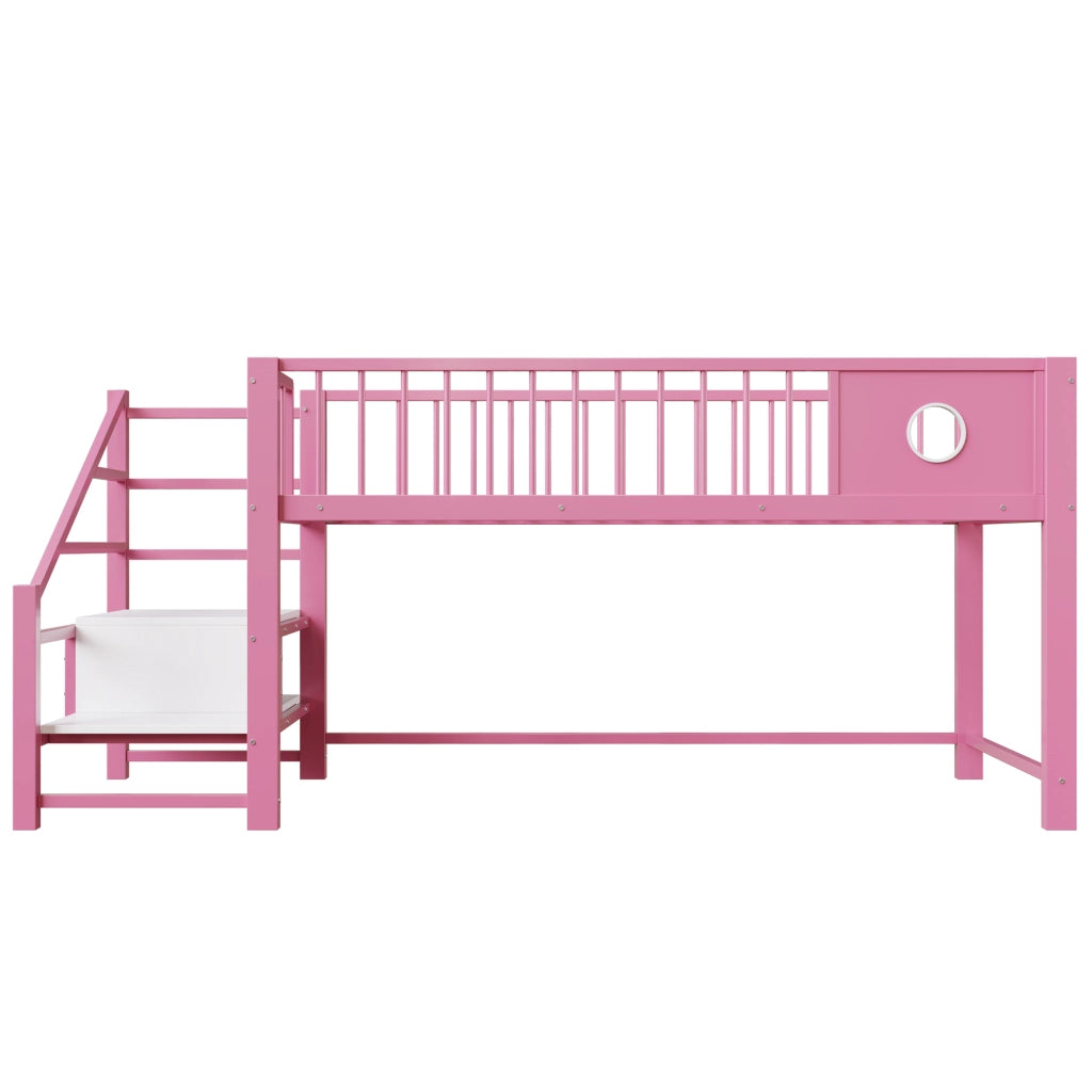 Letto a castello basso per bambini 90x200 cm in metallo con scala contenitore, Rosa