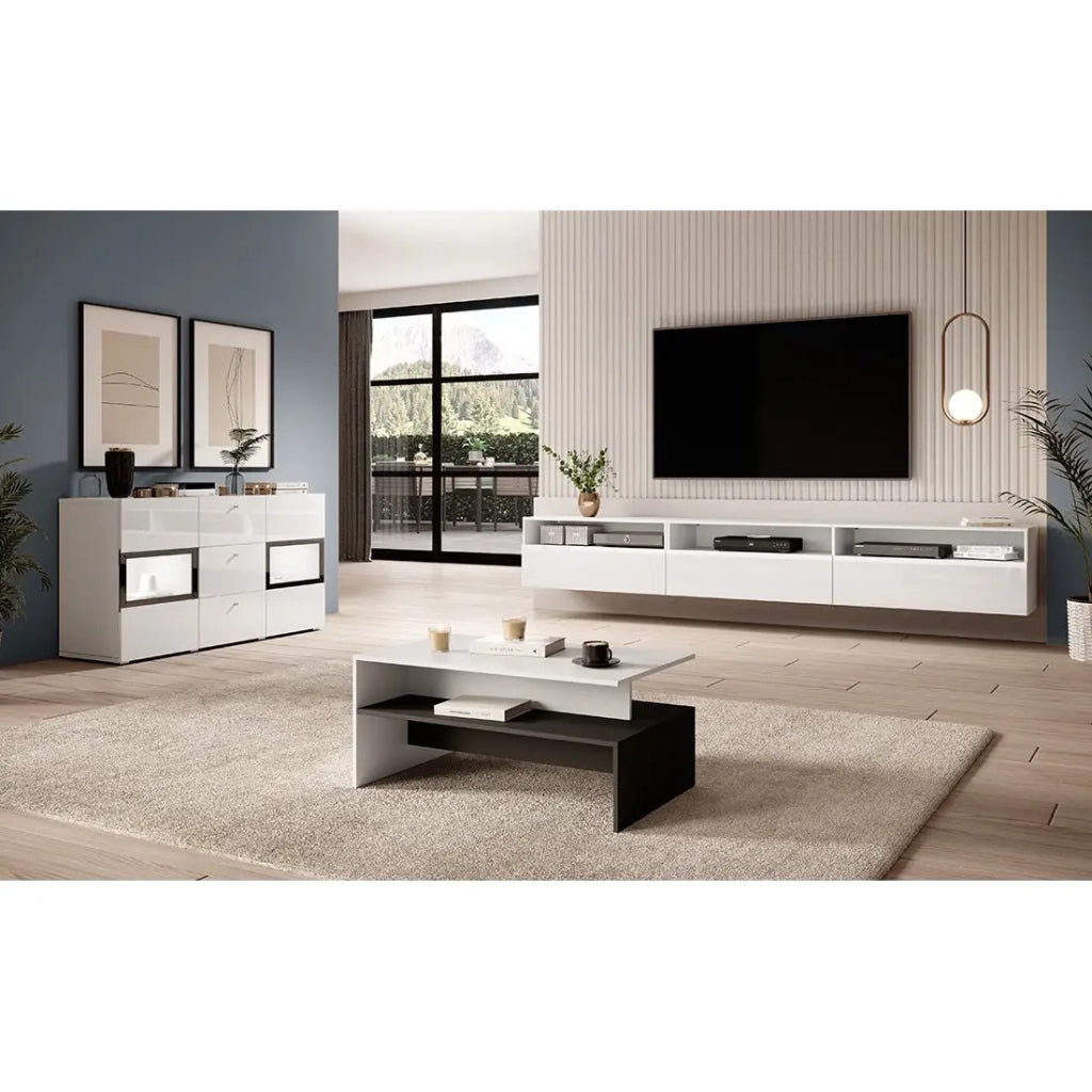 Buffet RAMOS – 2 porte in vetro + 3 cassetti – Color bianco lucido e nero – LED multicolori integrate