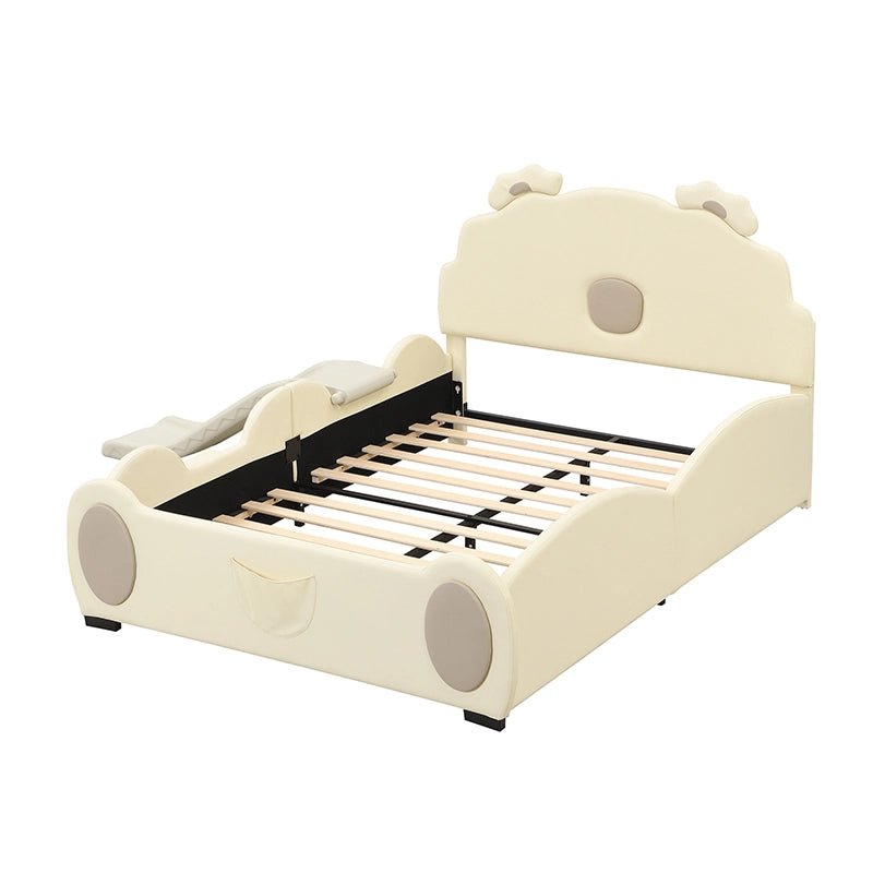 Letto per bambini 140x200 cm in PU e MDF con scivolo e scala, colore beige, design a orsetto