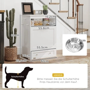 Armadio per cibo animali con 2 ciotole in acciaio inox, 3 ganci, vano aperto e anta ribaltabile, stazione alimentare per cani, 61x35,5x82 cm, bianco