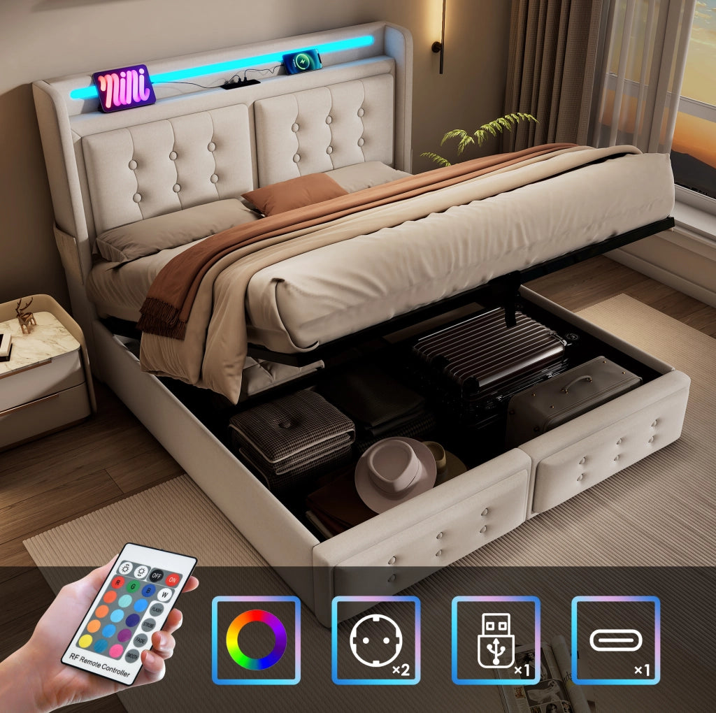Letto matrimoniale 180x200 cm con contenitore; testiera LED e prese USB-C; beige