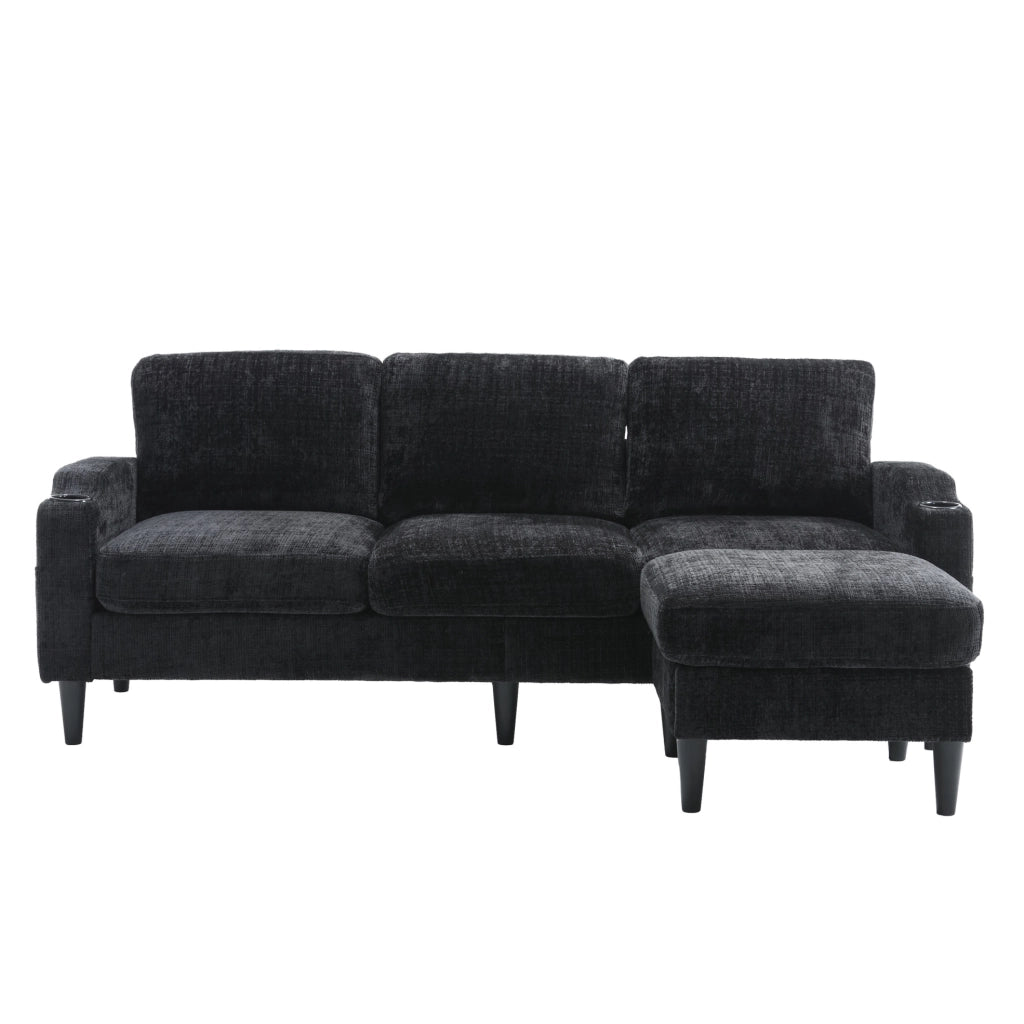 Divano 4 posti con pouf contenitore in chenille nero; porta-bevande e tasche laterali HOMVRA