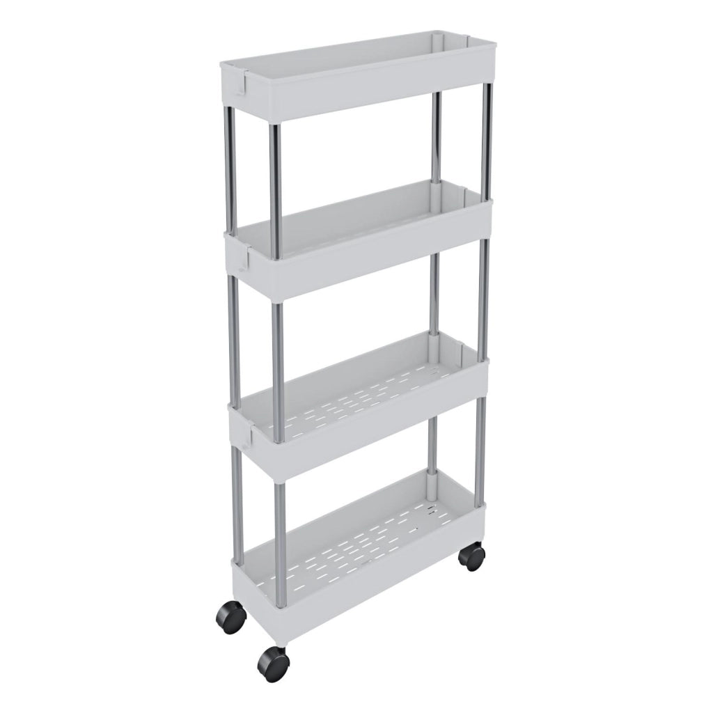 Carrello Portaoggetti A 4 Ripiani Mobile Salvaspazio In Plastica Con Ruote Struttura In Acciaio Per Spazi Ridotti Cucina Bagno Lavanderia Camera Da Letto Salotto Studio 40 x 13 x 85 Cm (Bianco)