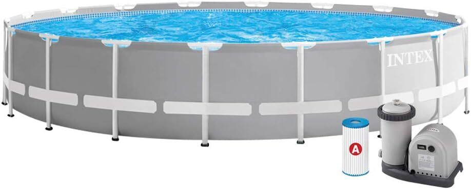 Intex 26756NP Piscina Fuori Terra Prisma Frame Rotonda Pompa Filtro 5678 L-h Scaletta Telo Base e Copertura 32695 L Acciaio e PVC Grigio 610x132 cm 610cm x132cm Con Pompa Filtro