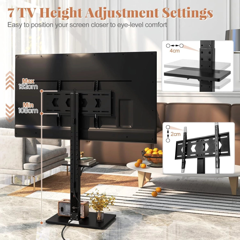 Supporto TV da Pavimento per LCD LED da 32-70 Pollici, Porta TV Regolabile in Altezza a 7 Livelli, Carico 50 KG, VESA Max 600 X 400 MM, con Presa Integrata, Ripiano per TV Piatto/Curvato