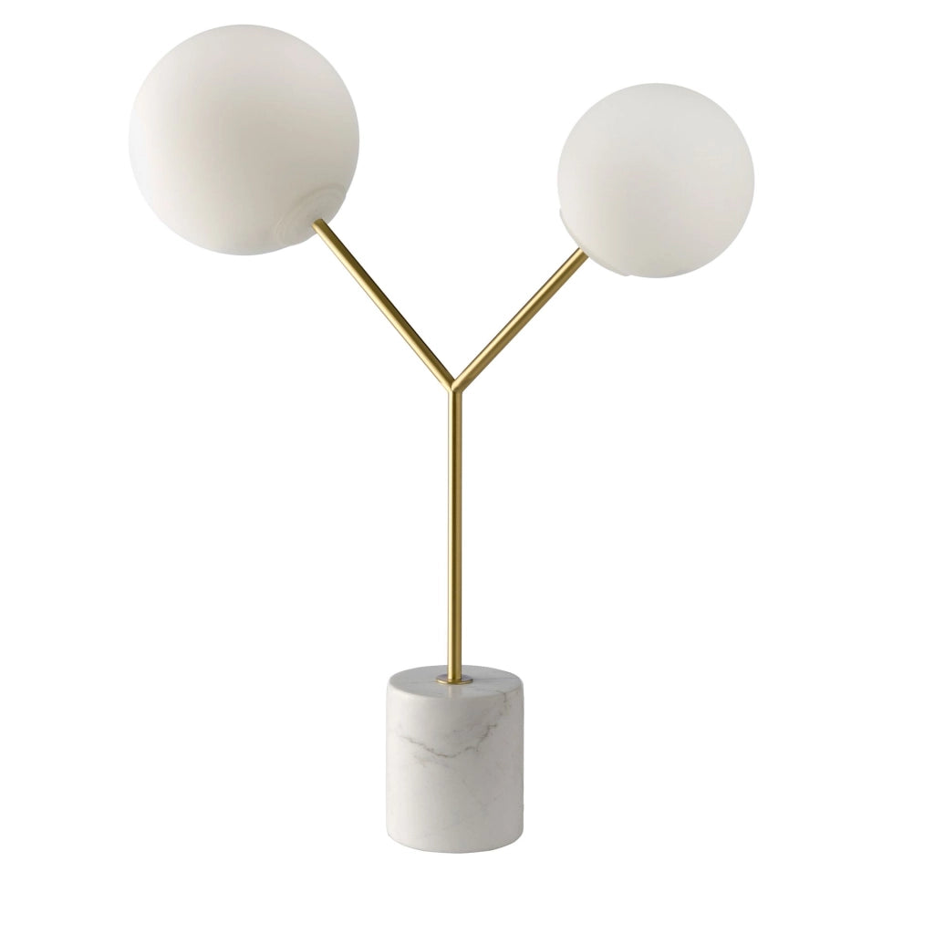 Lampada da tavolo in marmo bianco, acciaio dorato e vetro bianco