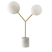 Lampada da tavolo in marmo bianco, acciaio dorato e vetro bianco
