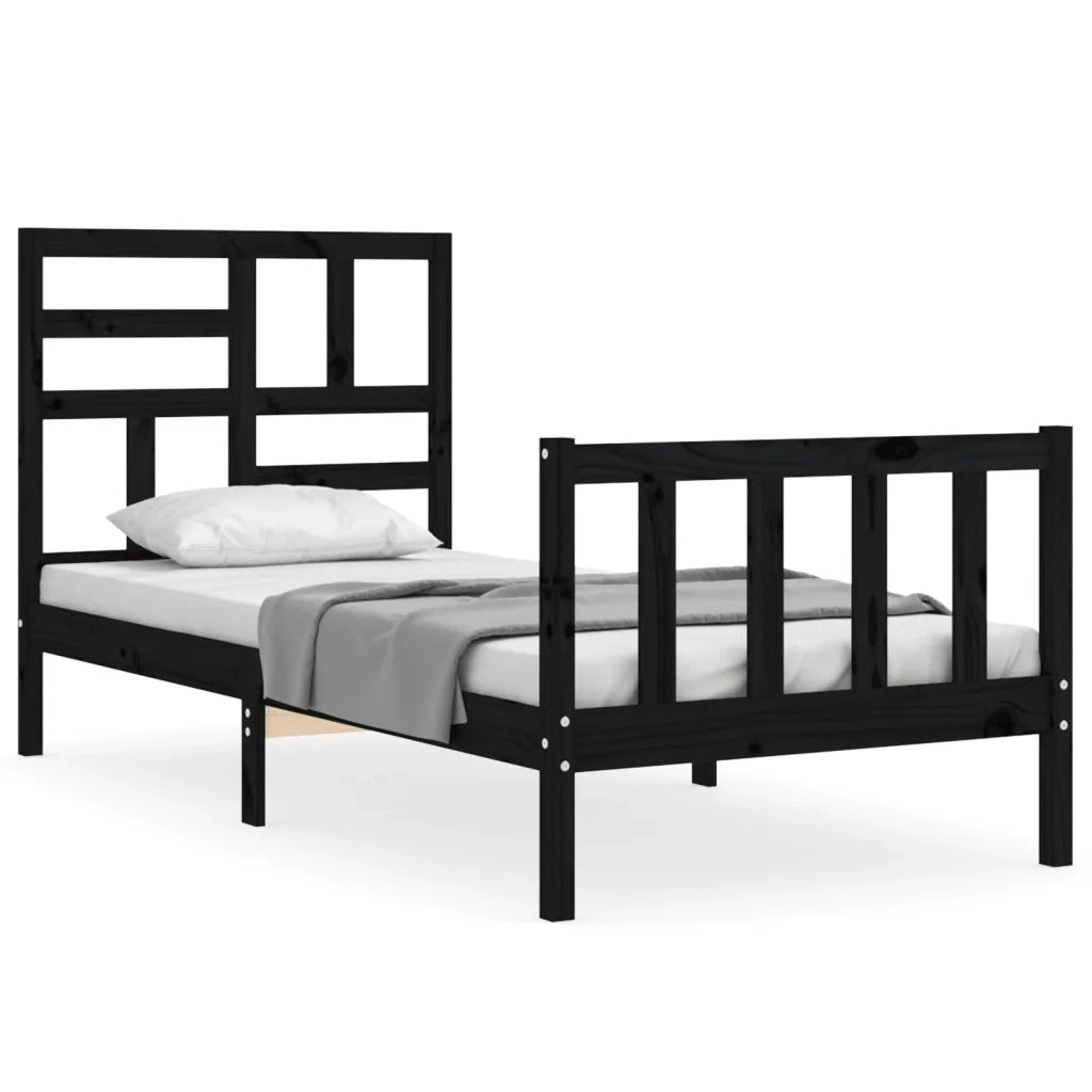 Letto singolo | Letto per adulti | Giroletto con Testiera Nero Small Single in Legno Massello