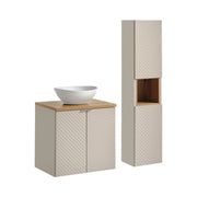 Insieme AOKI: mobile sottolavabo con armadietto 60cm + piano lavabo in rovere + lavabo bianco rotondo da appoggio + colonna