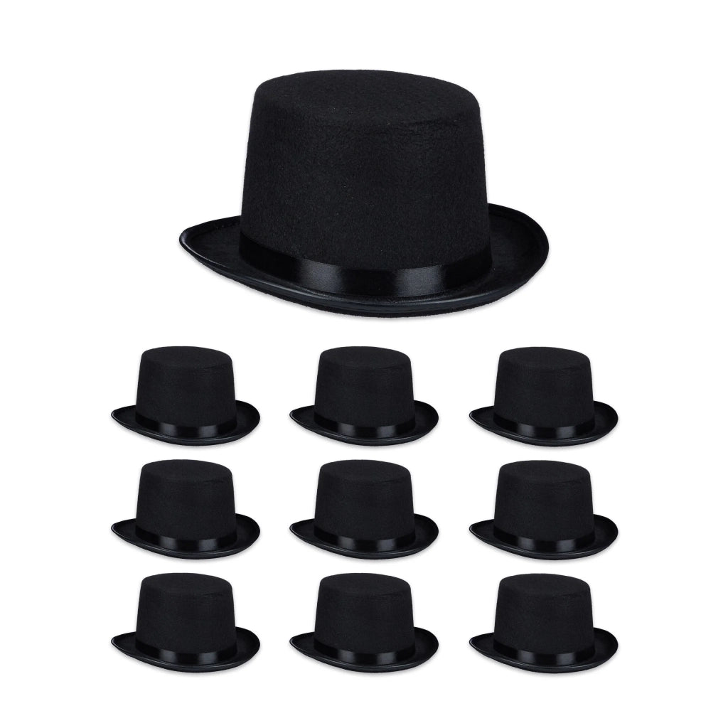 Set di 10 cappelli a cilindro neri classici eleganti taglia unica per cena a tema carnevale Halloween in feltro nero 13_0013845