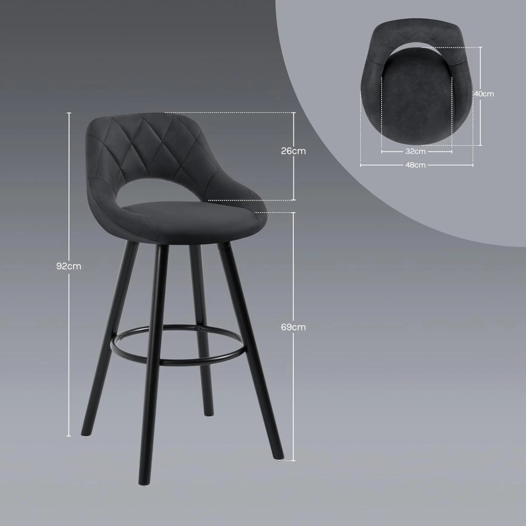 Sgabelli da Cucina Set di 2, Sgabello da Bar per Colazione, Sgabelli Alti con Poggiapiedi e Schienale, Sedile in Tessuto Tecnico+Gambe in Legno, Antracite, BH291an-2