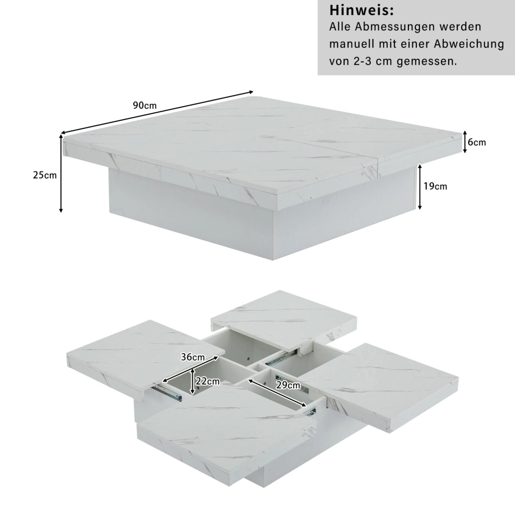 Tavolino da caffè quadrato bianco 90 x 90 x 25 cm in truciolare; effetto marmo; con 4 cassetti