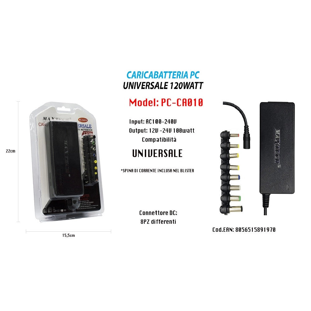 Trade Shop - Alimentatore Caricabatteria Pc Universale Per Notebook 120watt Maxtech Pc-ca010 -