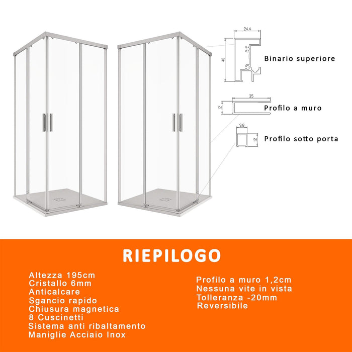 Box Doccia angolare 90x100 cm 2 ante Scorrevoli in Cristallo trasparente 6mm H195 Bonussi Grace
