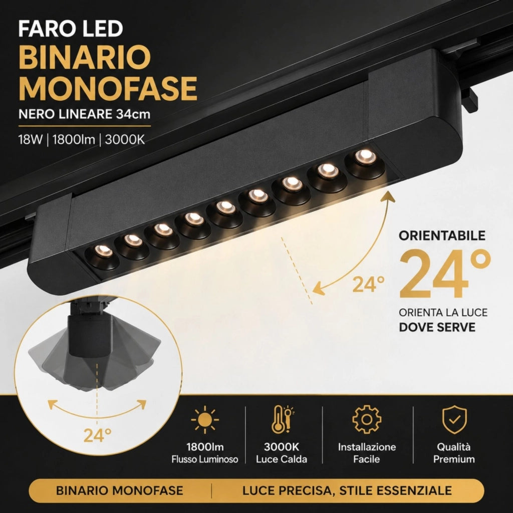 Faro Led Binario Monofase, Nero Lineare 34cm 18W 1800lm 24° Orientabile, Disponibili 3000K 4000K (Bianco Caldo 3000K)