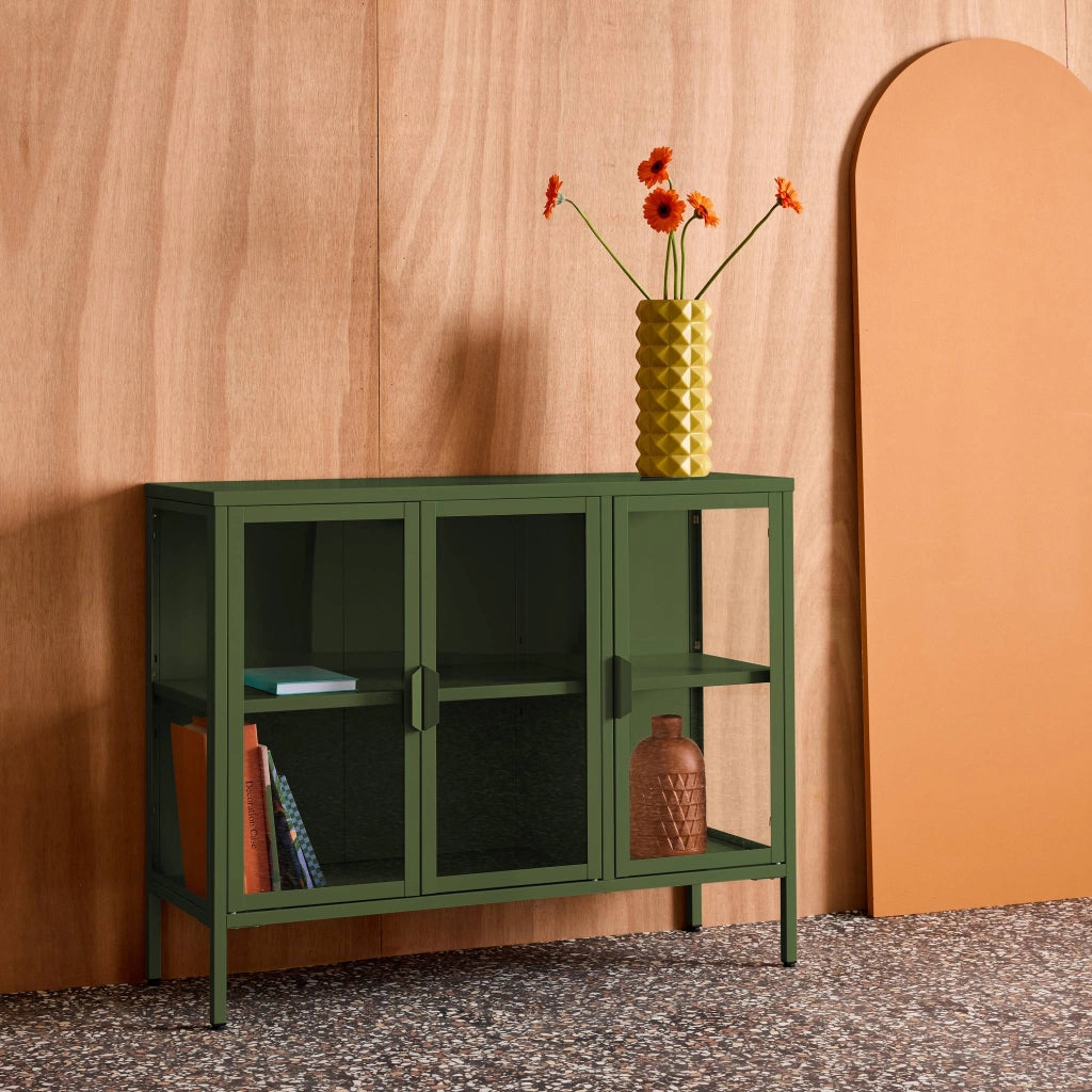 Credenza industriale in metallo e vetro temperato 3 ante, 100cm