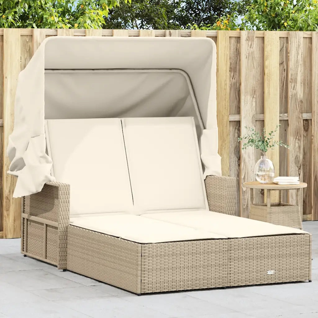 Sdraio da giardino | Lettino Doppio con Baldacchino e Cuscini Beige in Polyrattan