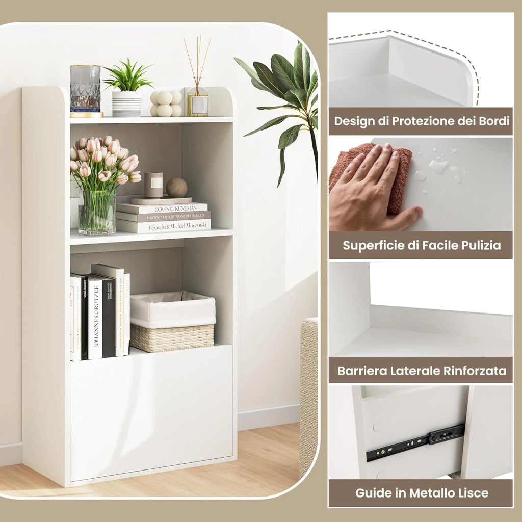 Libreria Aperta a 3 Ripiani, Scaffale Salvaspazio in Legno con Cassetto, Scaffale Portaoggetti Espositivo per Camera da Letto, Soggiorno, Cucina e Ingresso, 55 x 29 x 105 cm (Bianco)
