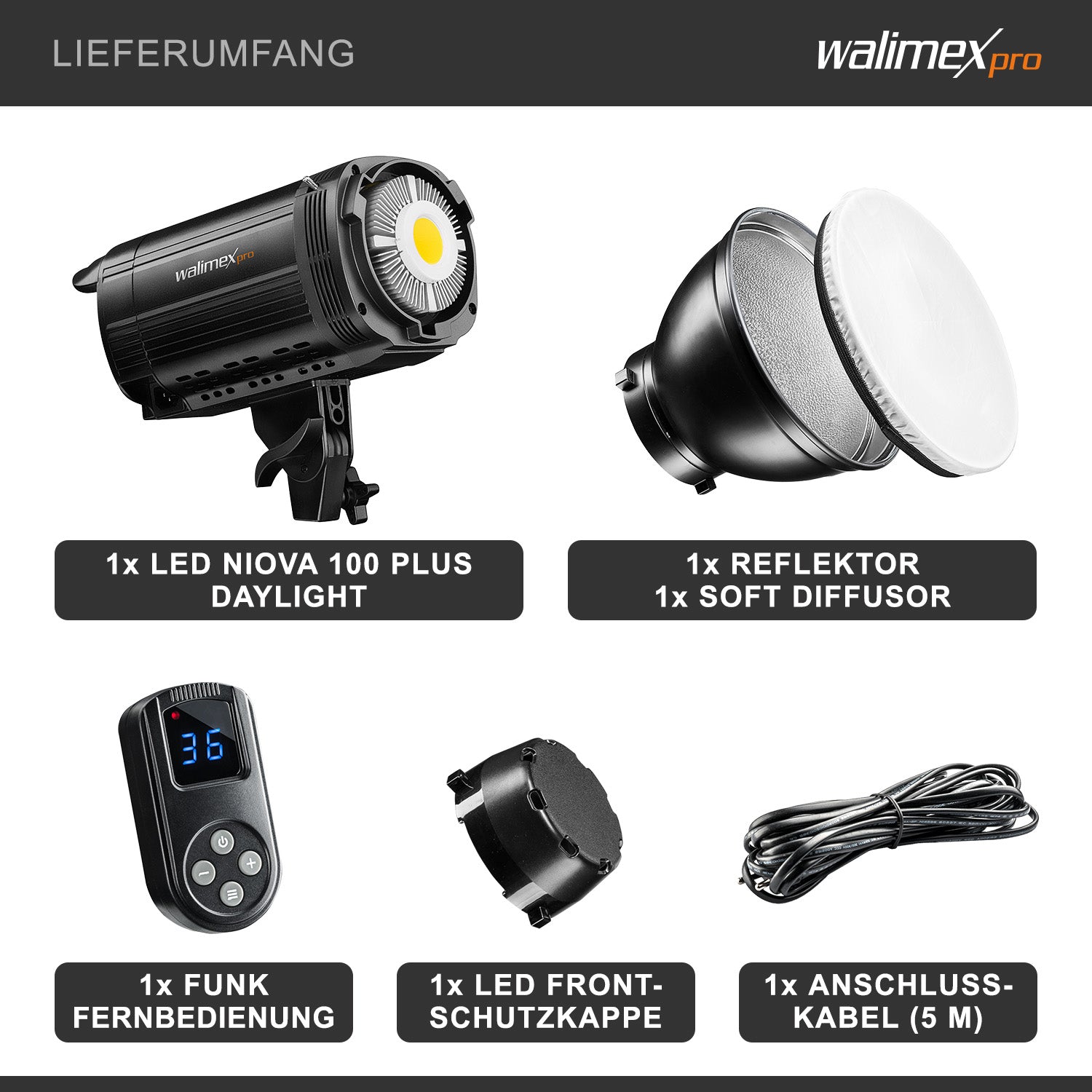 Niova Plus Daylight, Faretto LED per fotografia, luce video 100 W dimmerabile, con riflettore Bowens e diffusore, con tecnologia COB-LED, per studio fotografico