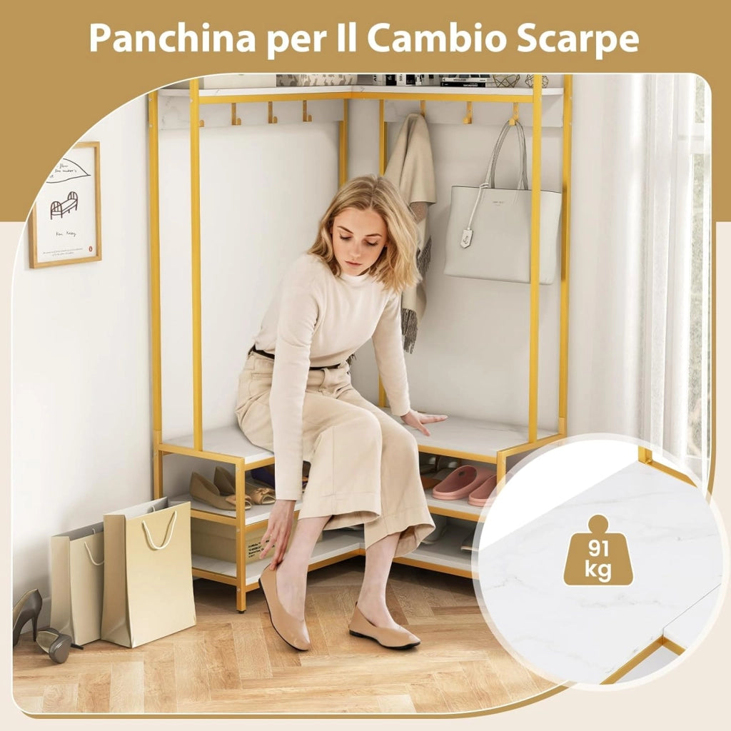 Stand Appendiabiti Angolare, Appendiabiti a Forma L con Ripiani Aperti 7 Ganci e Panca per Scarpe, Struttura in Metallo e Piedini Regolabili, 90x90x178 cm (Bianco)