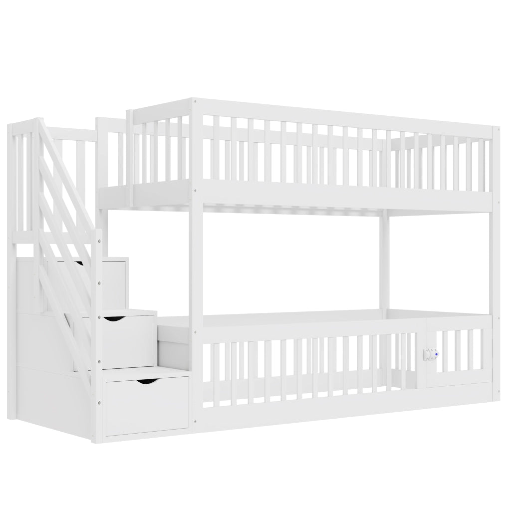 Letto a castello per bambini 90x200 in legno bianco con scala e cassetti