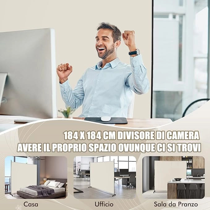 Separé Divisorio Singolo 184 x 184 CM, Paravento da Interno ed Esterno con Ruote Bloccabili, Pannello Divisorio per Ambienti Interni Portatile da Soggiorno Camera da Letto e Ufficio (Bianco)