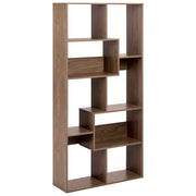 Libreria a 6 ripiani con ripiani marroni, struttura in truciolato, retro aperto, design irregolare, stile minimalista