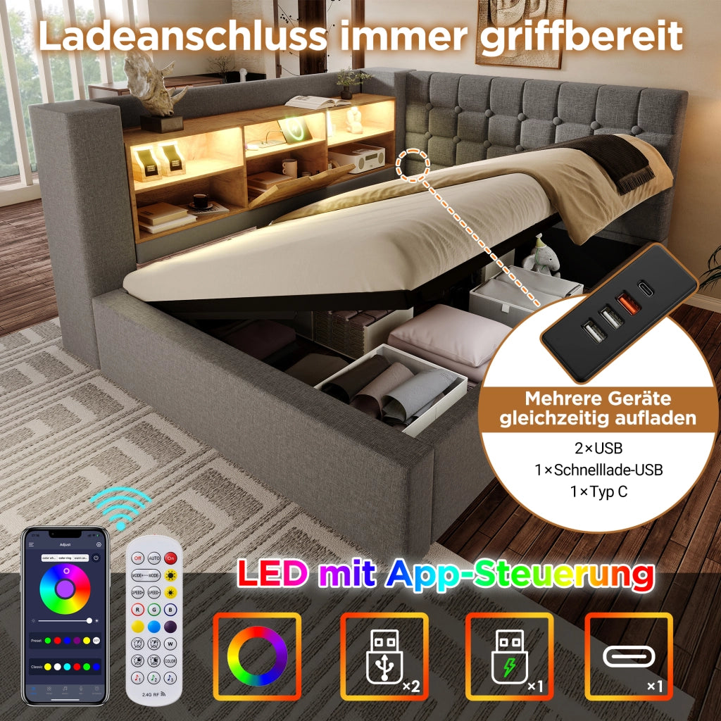 Letto imbottito idraulico con illuminazione a LED 90x200 cm colore grigio lino
