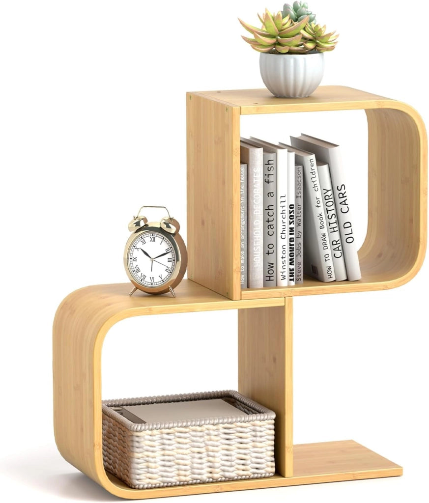 Libreria a 2 Cubi Forma di S, Libreria Bassa Scaffale in Bamboo, Libreria Design Moderna Salvaspazio Piccola da Terra, per Soggiorno, Studio e Ufficio, 61 x 23 x 66,5 cm, Naturale (2 Livelli)
