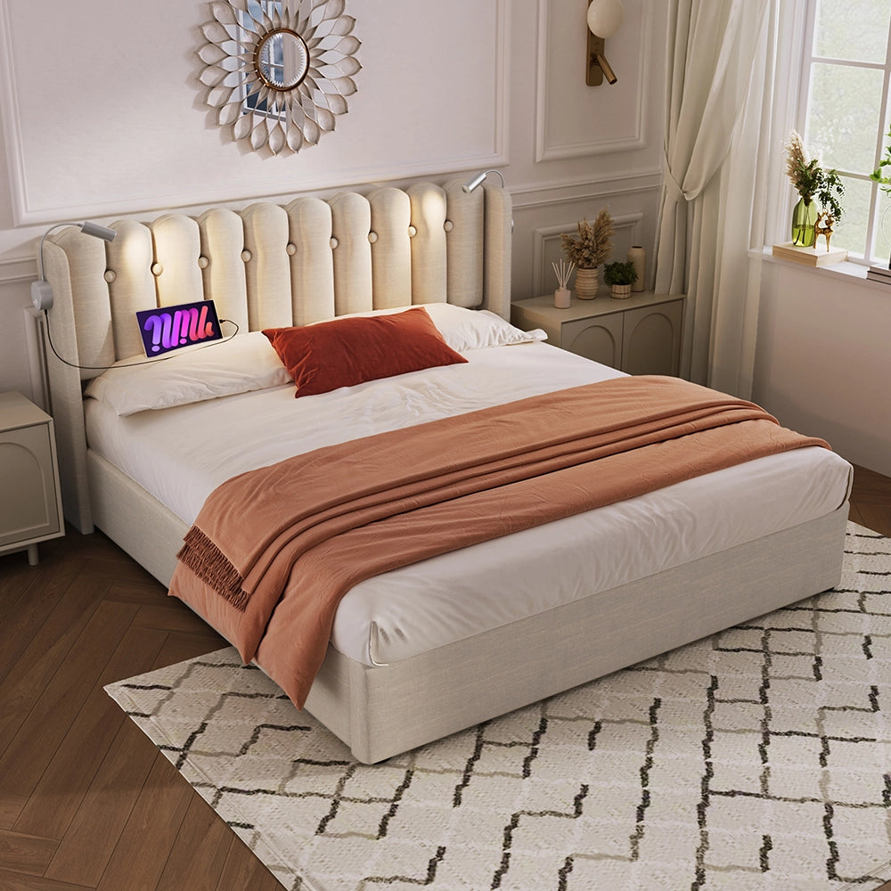 Letto a cassone imbottito 160x200 cm - Xylo - Con funzione di carico e due luci da lettura, Beige