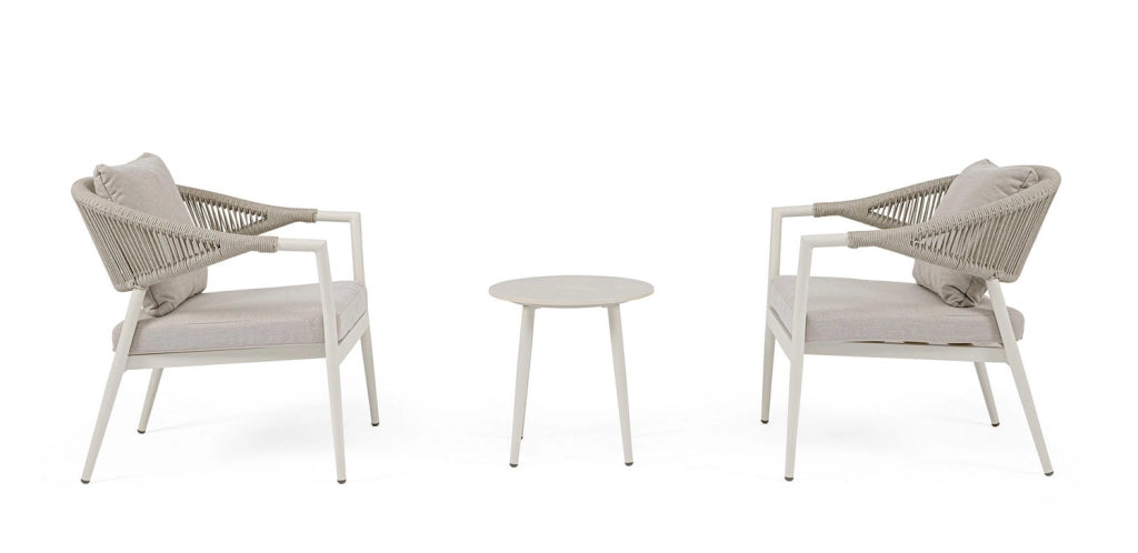 Set 3 Pezzi Salotto da Giardino con 2 Poltrone e Tavolino in Alluminio Corda Poliestere e Pietra Sinterizzata Millor