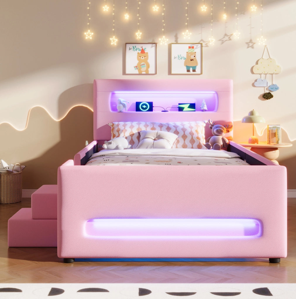 Letto a piattaforma imbottito 90x200 cm con cassetto; LED; PU e MDF; rosa