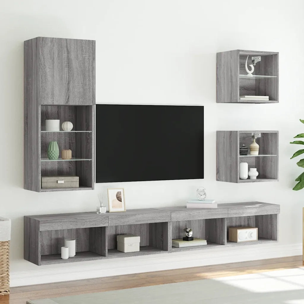 Comodino | Armadio da Notte | Mobiletto da notte con Luci LED a Parete Grigio Sonoma