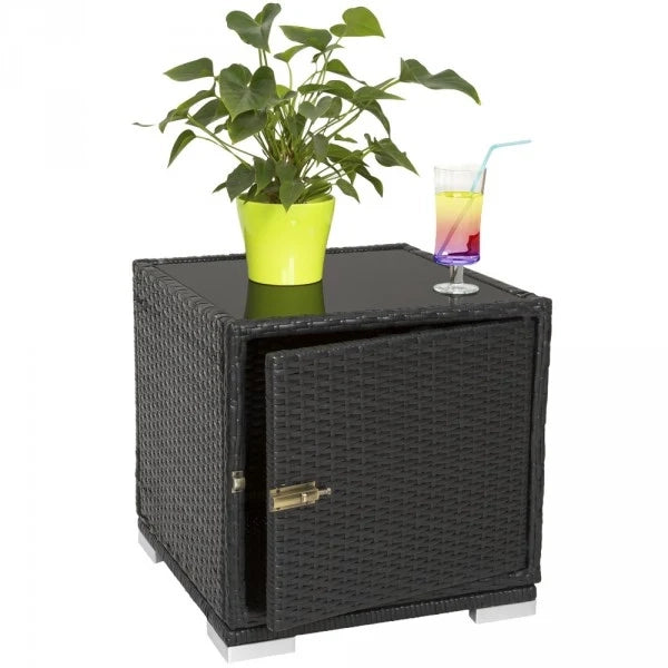 Set di due lettini prendisole in resina intrecciata in polyrattan nero + tavolo + due set di coperture + telo protettivo 08_0000505