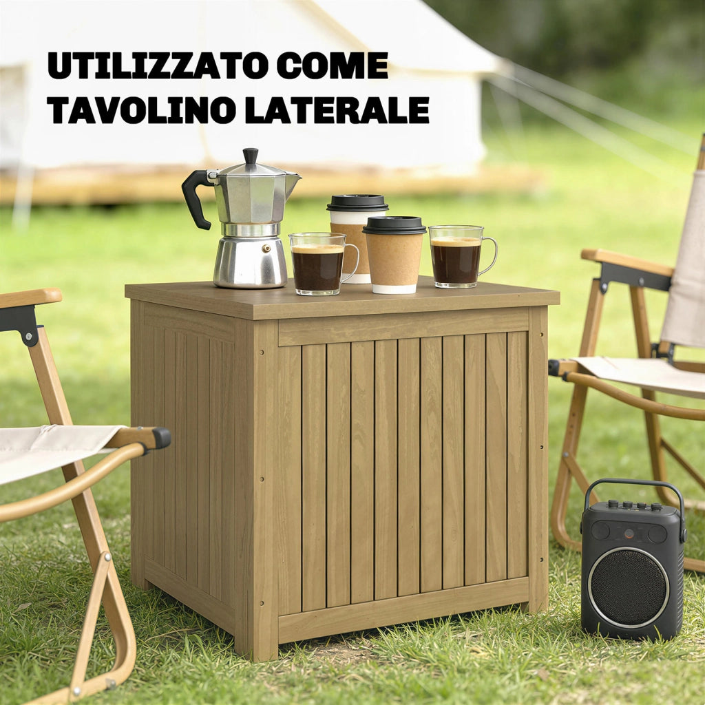 Cassapanca da Esterno 63x51x58,5 cm Capacità 130L con Coperchio Cerniere e Cinghia in Legno Marrone
