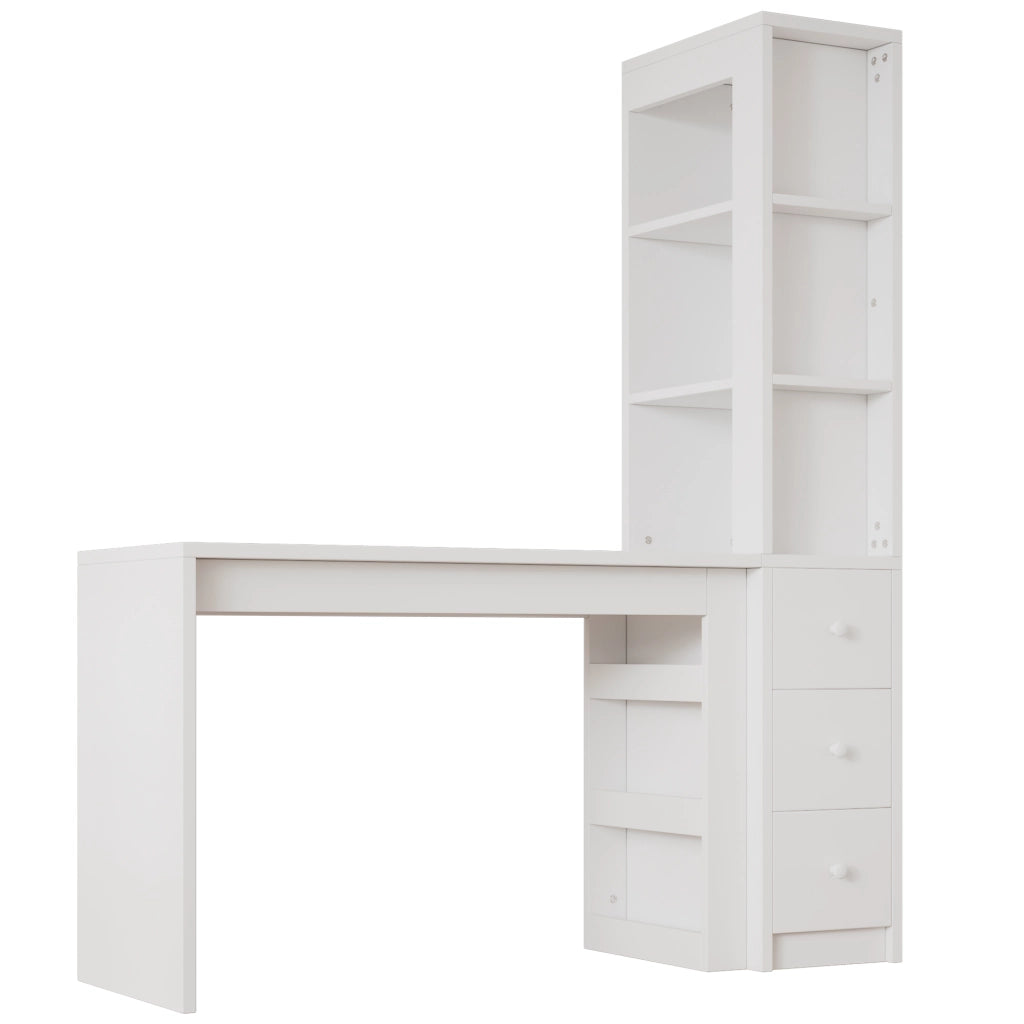 Scrivania bianca con libreria, 3 cassetti e vano laterale 150x50x180 cm