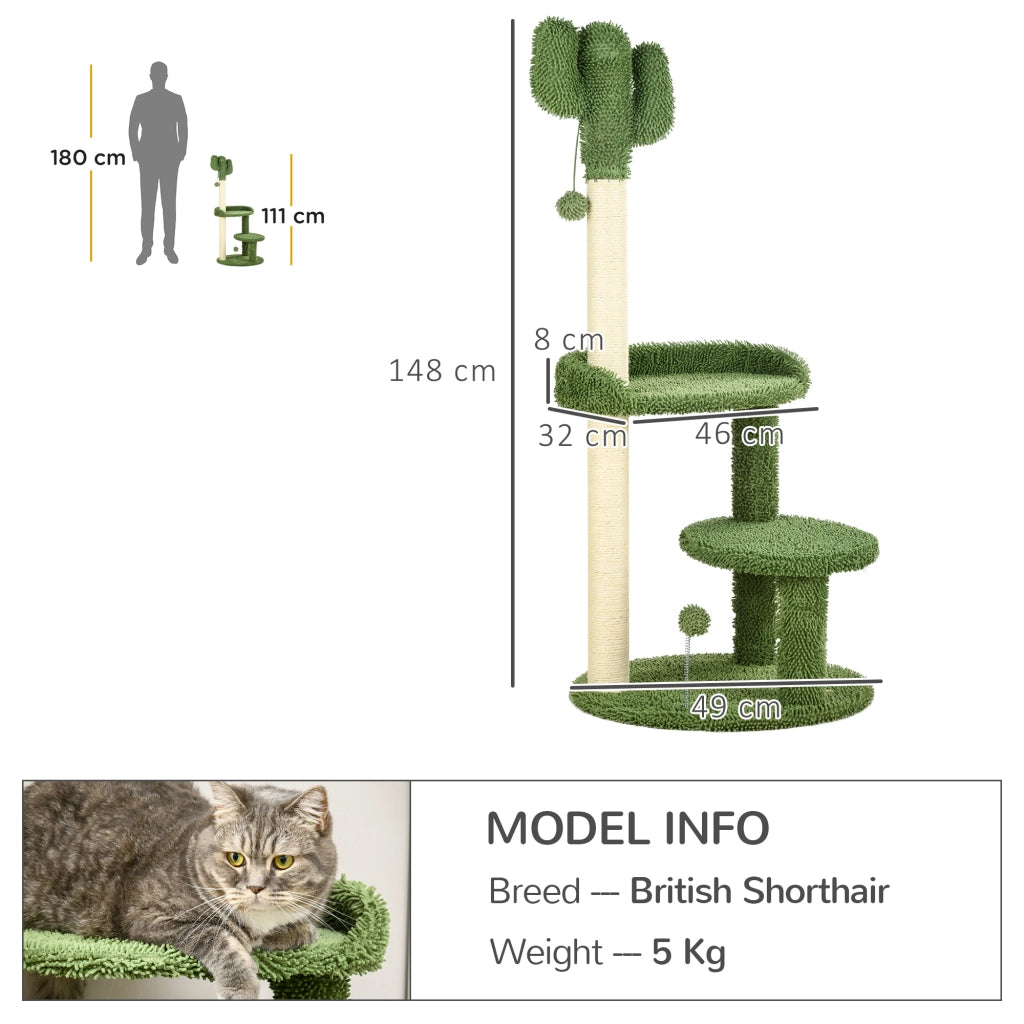 Easycomfort Albero per Gatti a forma di Cactus con Tiragraffi e 2 Palline da Gioco, 35x31x55.5 cm, Verde e Bianco