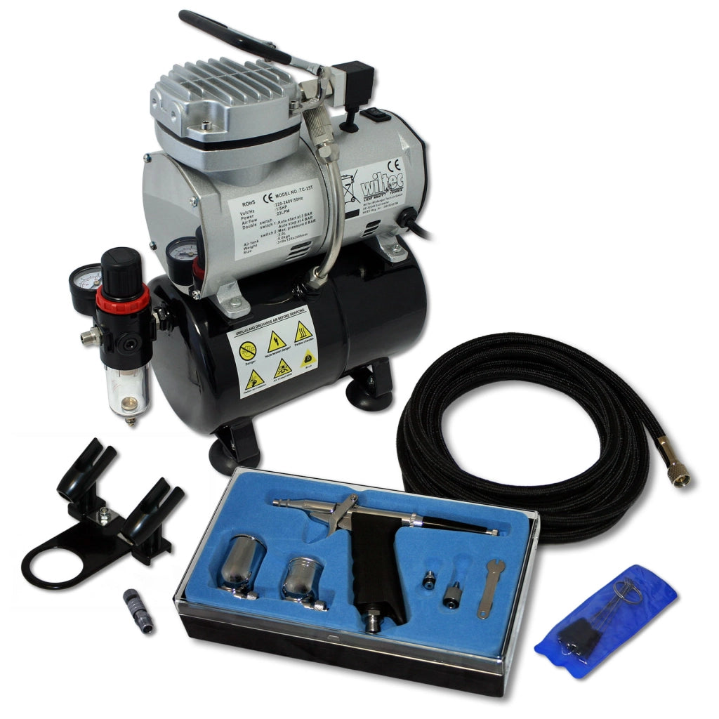 Set aerografia Compressore oil free AS189, Aerografo doppia azione, Accessori con tubo e raccordi