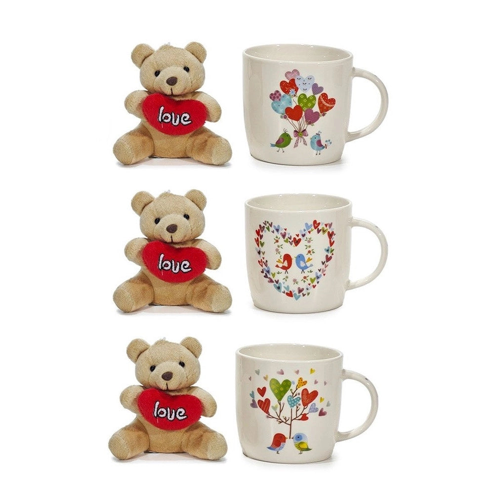Trade Shop - Set Tazza 30cl In Ceramica Con Orsacchiotto Di Peluche Cuore Rosso Regalo San Valentino -