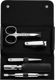 Kit manicure a 5 pezzi in formato di viaggio con trimmer unghie e custodia in pelle autentica, in acciaio inox lucidato nero