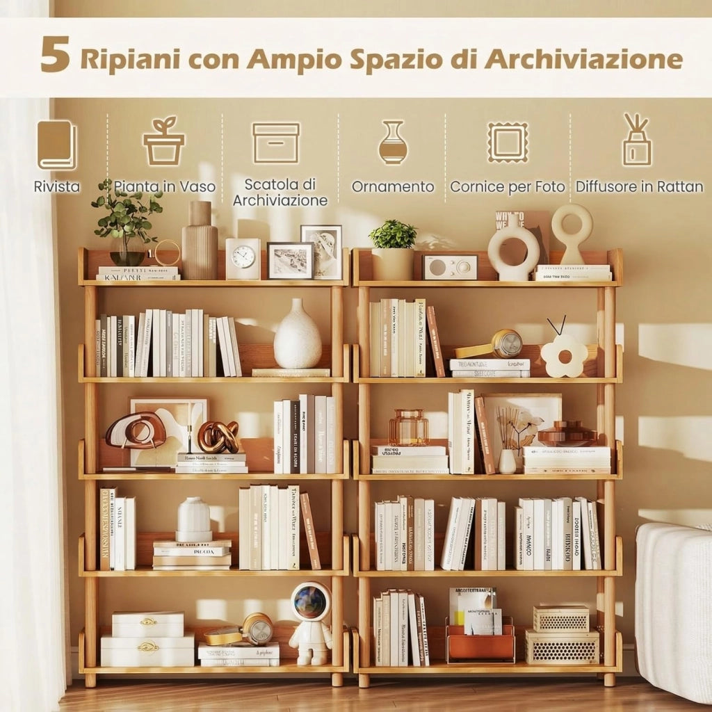 Libreria Verticale a 5 Livelli, Scaffale per Libri Aperto con Gambe in Legno di Pino,Protezione dei Bordi e Kit Antiribaltamento, Libreria Scaffale da Terra per Soggiorno e Camera da Letto