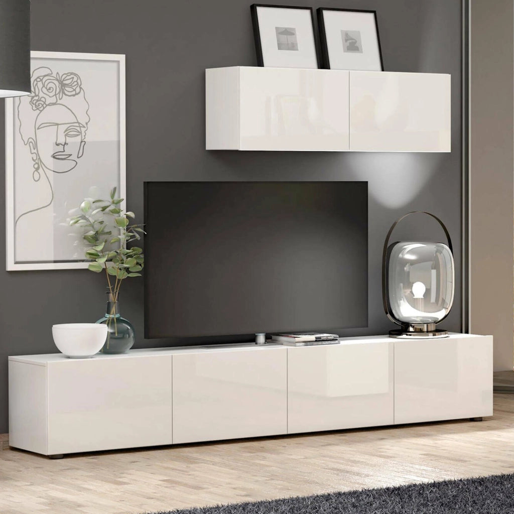 Mobile porta TV Ame, Credenza da soggiorno, Armadio basso per TV, Base parete attrezzata, Made in Italy, 225x38h39 cm, Bianco lucido