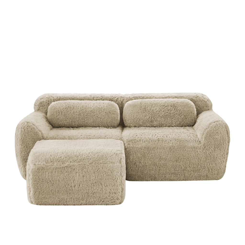 Divano Modulare ad Angolo 2 Posti con Pouf e Cuscini; senza Montaggio; in Peluche; Cachi Chiaro