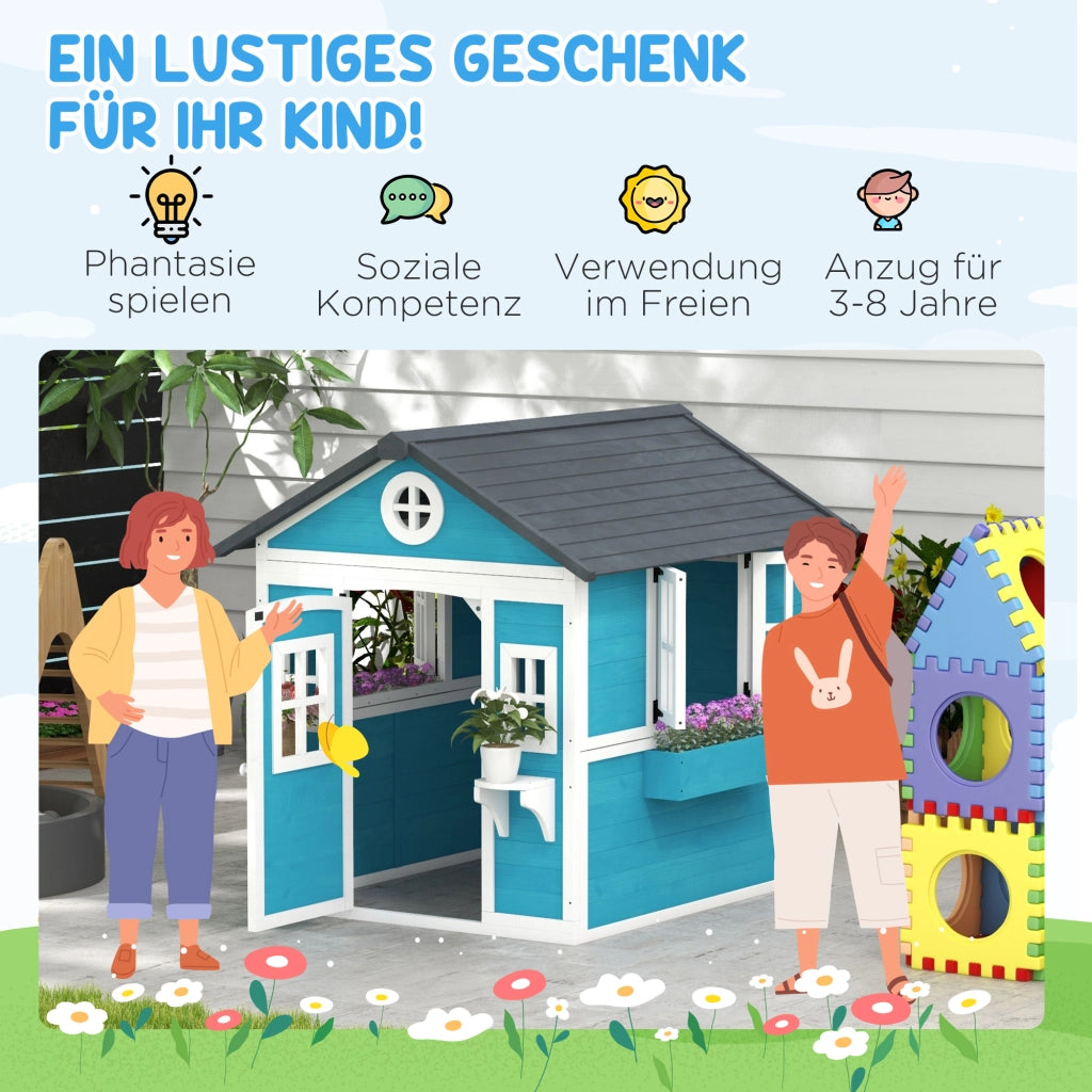 Casetta da gioco per bambini in legno ¨C zephmum ¨C blu con finestre e vasi