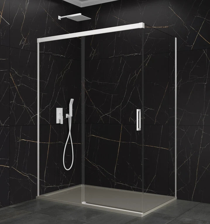 Box doccia angolare BASIC fisso + scorrevole + laterale fisso 130x80 cm (125-130/76,5-79) bianco vetro trasparente
