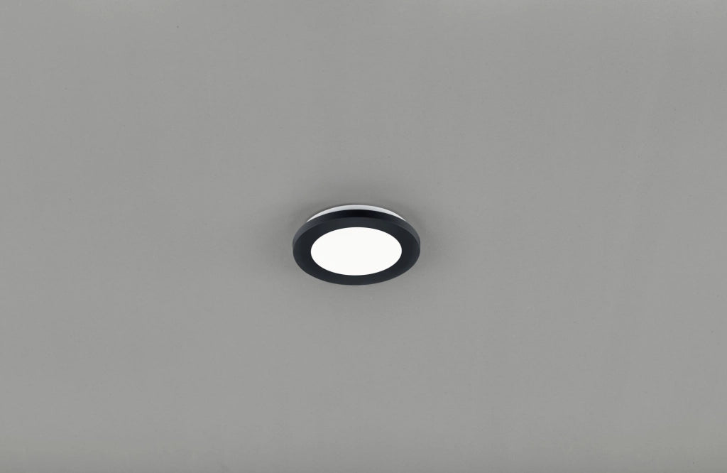 CAMILLUS PLAFONIERA LED TONDA METALLO NERO OPACO CON FUNZIONE DIMMERABILITA' CON NORMALE INTERRUTTORE A PARETE IP44 D. 17CM LED 9 W · 1.000 lm · 3.000 K