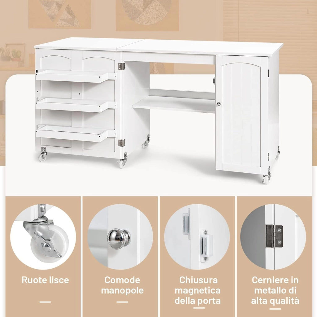 Tavolo Pieghevole da Cucito, Tavolo Versatile a Ribalta con Superficie Ampia, Scrivania per Computer con Ruote Bloccabili, Ideale per Salone Camera da Letto Studio (Bianco)