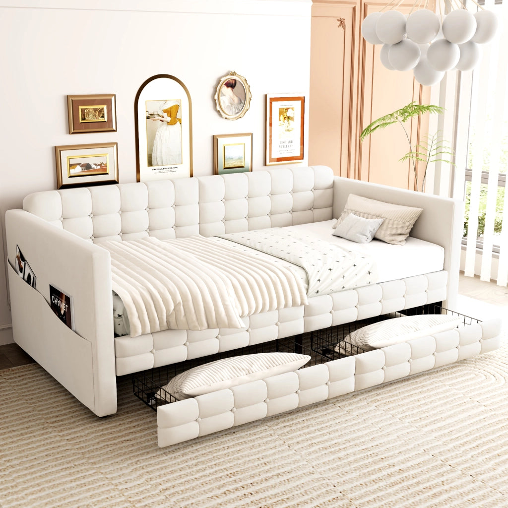 Letto panchina imbottito con 2 cassetti e tasche laterali LEMONMAX; 90x190 cm; sommier a doghe; velluto; beige