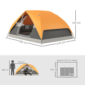Tenda da Campeggio per 3 Persone Impermeabile 205x275x135H cm con Tasche e Gancio per Lanterna Arancione