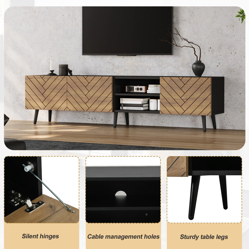 Mobile TV 180x33,5x45 cm con Ante e Passacavi ¨C MINIMAL ¨C Bianco/Nero/Legno